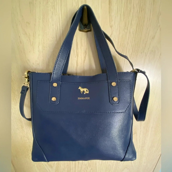 Emma Fox Handbags - Emma Fox GIDRAN Navy Deep Blue Leather Tote w/ crossbody strap Houndstooth Liner